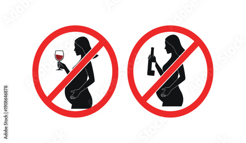 No drinking and smoking signs with pregnant woman silhouette icons