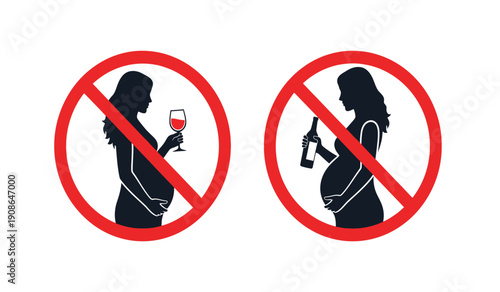 No drinking alcohol signs for pregnant women with prohibition symbols