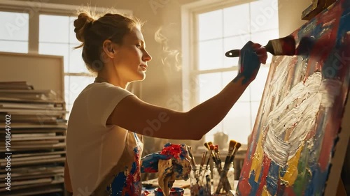 A dedicated woman artist applies thick paint to a canvas, creating an abstract artwork.