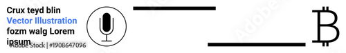 Cryptocurrency, voice commands, digital currency, blockchain technology, fintech, audio interface. Minimalistic Bitcoin symbol alongside a circular microphone icon. Cryptocurrency and voice commands
