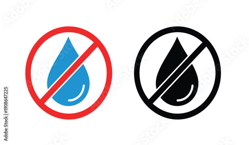 Prohibition signs with water drop symbol in red circle and black circle
