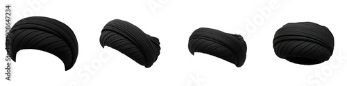 Fotografie Set and collection of black male turban headwear from multiple angles featuring