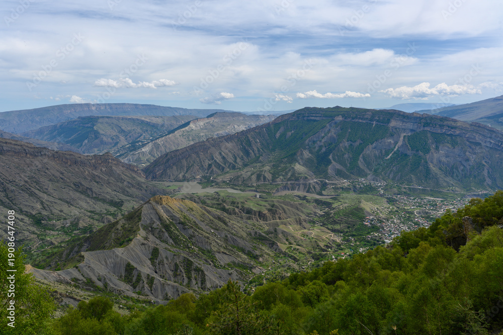Fototapeta premium Mountainous Landscape Under Cloudy Sky. Dagestan Russia.