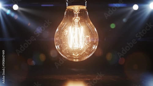 Clear light bulb, illuminated by bright spotlights. Rays and flares on dark background.