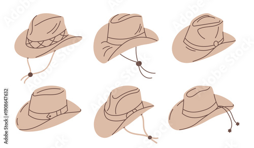 Collection of hand drawn cowboy and safari hats. Straw hats set. Headwear with brim in country, farmer, beach, cowboy style. Graphic illustration.