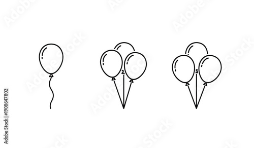 A set of black line art illustrations of single and multiple balloons tied to ribbons