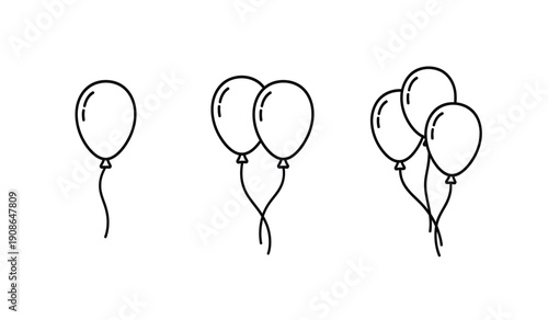Black and white line drawing of balloons in various quantities tied up with strings