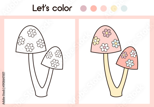 Cartoon mushroom coloring page with colorful sample printable worksheet for preschool, kindergarten kids. Cute toadstool coloring book, Autumn object doodle outline.