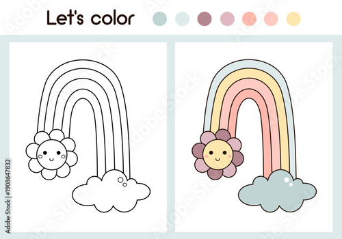 Floral rainbow coloring page with colorful sample printable worksheet for preschool, kindergarten kids. Cartoon sky object coloring book, Celestial doodle outline.