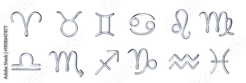 Silver zodiac signs collection with astrology symbols PNG. Celestial collection of chrome astrological symbols.
