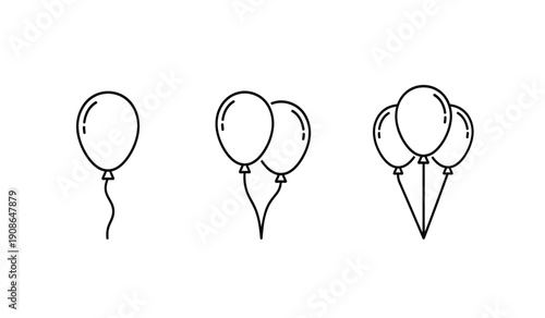 A set of black line art illustrations of single and multiple helium filled party balloons