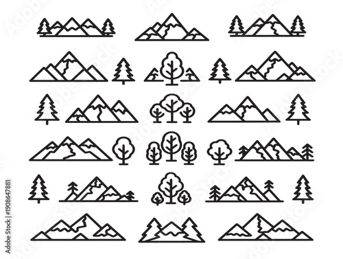 Mountain trees collection 2D vector line art for a stunning alpine scene
