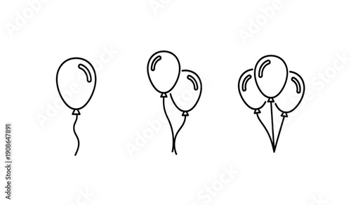 A set of simple line drawings of balloons in various quantities tied up