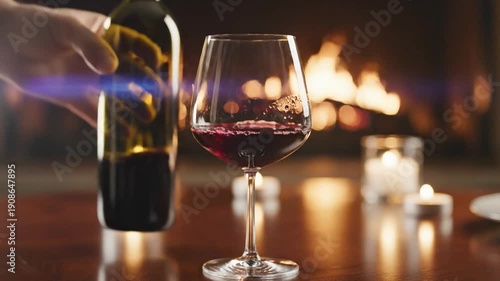 Pouring red wine into a glass. Cozy fireplace and candles create a warm ambiance.