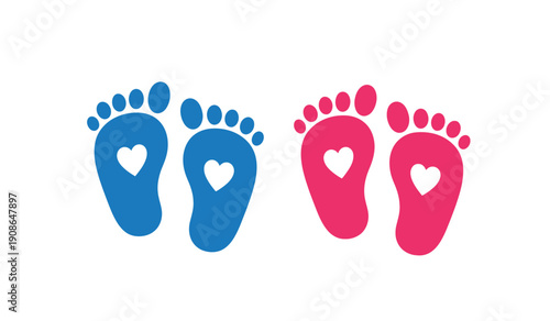 A pair of blue and pink baby feet with heart shapes inside on symbolizing love and parenthood
