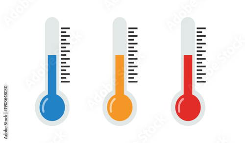 Three colorful thermometers with different temperature levels