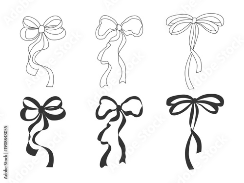Black outline silhouette bow set with flowing tails. Whimsical ribbon bows vector set. Cute decorative elements for gift, card, packaging, party graphic, wedding decor, planner, stickers, social media
