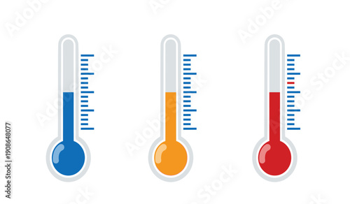 Three colorful thermometers with different temperature levels