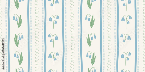 Seamless floral stripe pattern with blue bellflowers. Vertical striped repeat with delicate spring flowers. Doodle sketchy lines. Perfect for fabric, wallpaper, wrapping paper, packaging, scrapbook