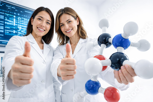Two smiling researchers hold a molecular model and give a thumbs-up in a science lab. Scientists displaying a molecular model and giving a thumbs-up in a research lab