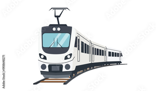 Modern white train traveling on tracks with a sleek design and large windshield on a pure