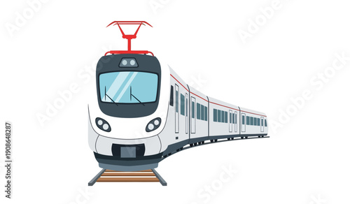 A white and red modern train traveling on tracks with a sleek design and large windshield