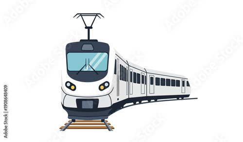 A white train with black trim and blue windshield traveling on tracks