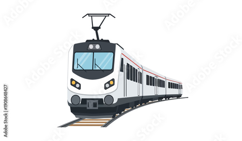 Modern white train traveling on tracks with black and red accents and large windshield