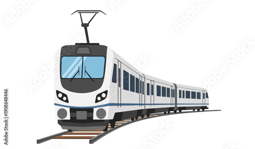 A white train traveling on train tracks with a black front and blue windows