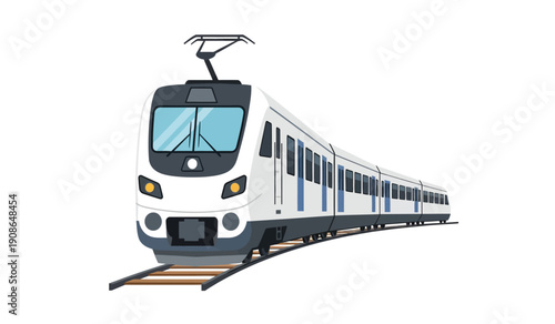 Modern white and blue train on tracks with yellow lights