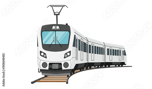 A white train traveling on train tracks with a black front and blue windshield