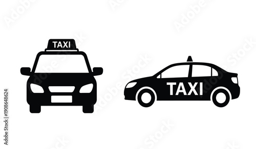 Black silhouettes of a taxi car and a taxi cab with taxi sign on top and side