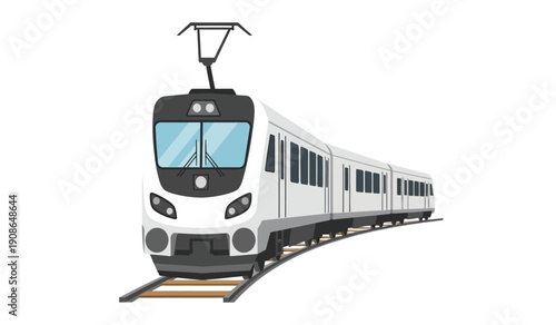 Modern white train traveling on tracks with sleek design and large windows for public transportation