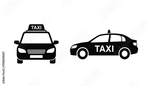 Black silhouettes of a taxi car and a taxi cab with taxi sign on top and side