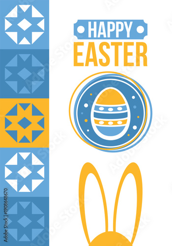 Happy Easter in April. Christian spring holiday in honor of the resurrection of Christ. Biblical history. Traditional dyeing eggs with patterns, fun game for children searching for easter eggs. Vector
