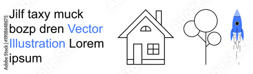 Home design, modern architecture, space exploration, clean layouts, creative concepts, education materials. Minimalistic house, trees and rocket visuals next to placeholder text. Home design