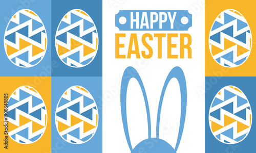 Happy Easter in April. Christian spring holiday in honor of the resurrection of Christ. Biblical history. Traditional dyeing eggs with patterns, fun game for children searching for easter eggs. Vector