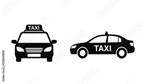 Black silhouette taxi cars with taxi sign on top and side for transportation or travel concepts