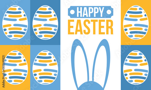 Happy Easter in April. Christian spring holiday in honor of the resurrection of Christ. Biblical history. Traditional dyeing eggs with patterns, fun game for children searching for easter eggs. Vector