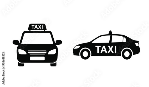 Black silhouette taxi car icons with taxi sign on roof and side