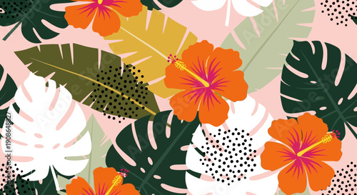 Vibrant tropical flowers and leaves in a lush botanical arrangement viewed from directly above