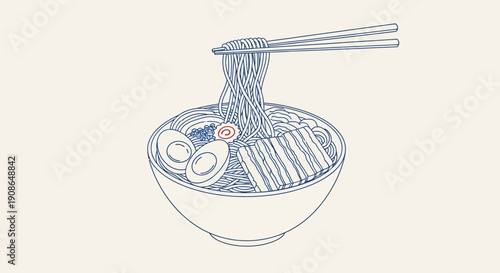 A steaming bowl of ramen noodles being lifted with chopsticks, illustration, close-up view