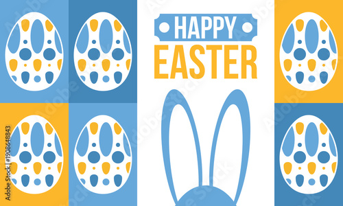 Happy Easter in April. Christian spring holiday in honor of the resurrection of Christ. Biblical history. Traditional dyeing eggs with patterns, fun game for children searching for easter eggs. Vector