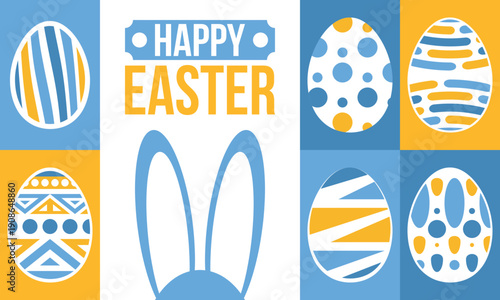 Happy Easter in April. Christian spring holiday in honor of the resurrection of Christ. Biblical history. Traditional dyeing eggs with patterns, fun game for children searching for easter eggs. Vector