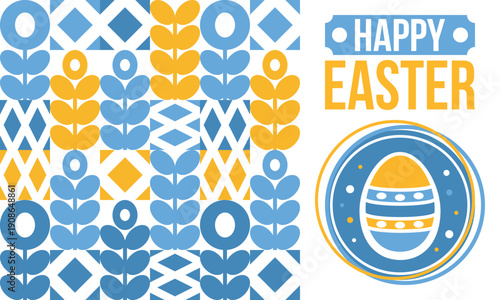 Happy Easter in April. Christian spring holiday in honor of the resurrection of Christ. Biblical history. Traditional dyeing eggs with patterns, fun game for children searching for easter eggs. Vector