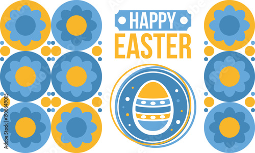 Happy Easter in April. Christian spring holiday in honor of the resurrection of Christ. Biblical history. Traditional dyeing eggs with patterns, fun game for children searching for easter eggs. Vector
