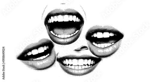 Multiple mouths with open lips and visible teeth in a close-up illustration