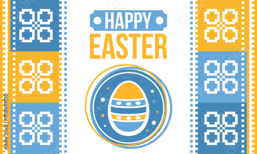 Happy Easter in April. Christian spring holiday in honor of the resurrection of Christ. Biblical history. Traditional dyeing eggs with patterns, fun game for children searching for easter eggs. Vector