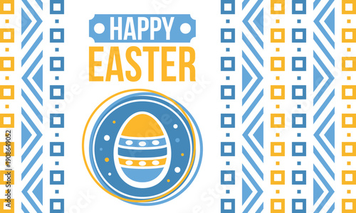Happy Easter in April. Christian spring holiday in honor of the resurrection of Christ. Biblical history. Traditional dyeing eggs with patterns, fun game for children searching for easter eggs. Vector