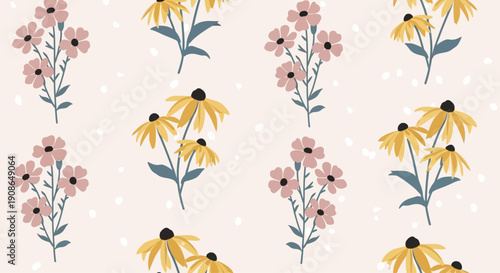 A seamless pattern of yellow flowers and pink blooms on a soft background viewed from directly above